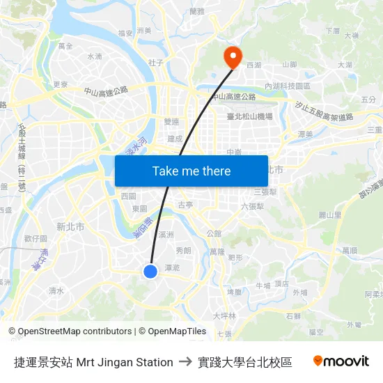 捷運景安站 Mrt Jingan Station to 實踐大學台北校區 map