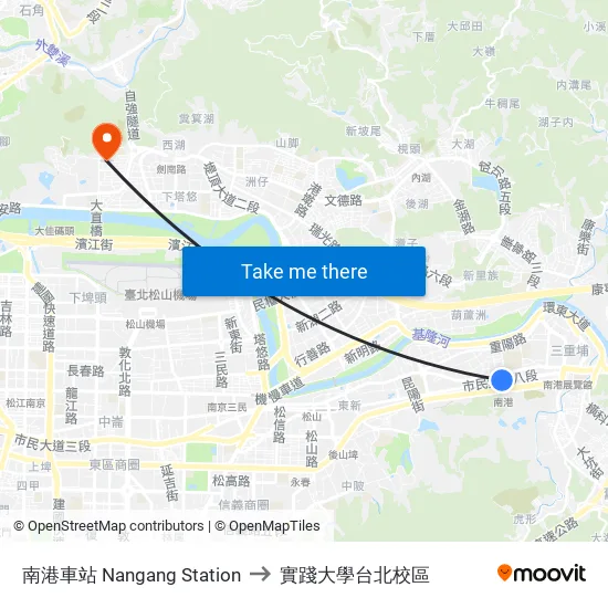 南港車站 Nangang Station to 實踐大學台北校區 map