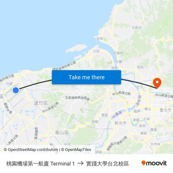 桃園機場第一航廈 Terminal 1 to 實踐大學台北校區 map