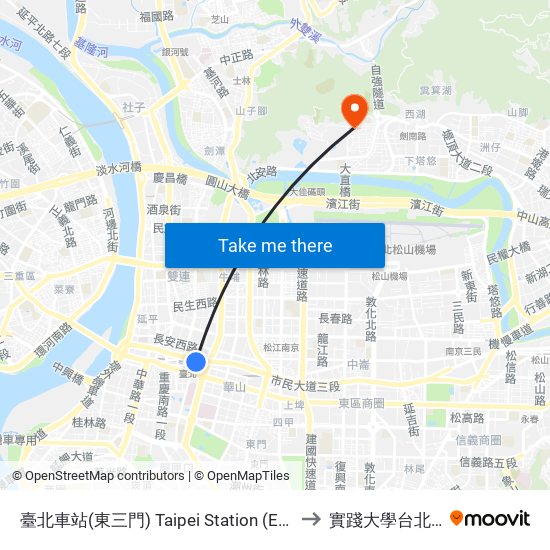 臺北車站(東三門) Taipei Station (East Gate) to 實踐大學台北校區 map