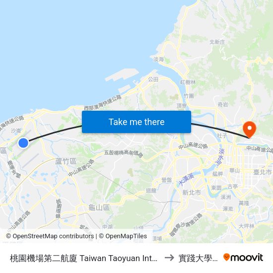 桃園機場第二航廈 Taiwan Taoyuan International Airport Terminal 2 to 實踐大學台北校區 map