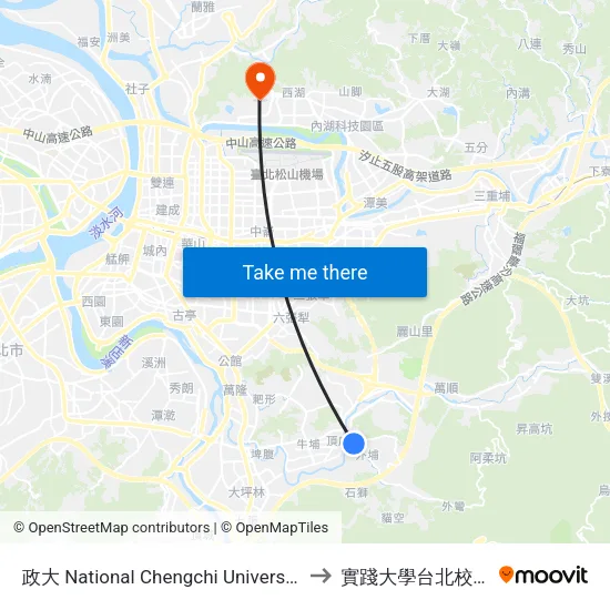 政大 National Chengchi University to 實踐大學台北校區 map