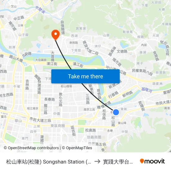 松山車站(松隆) Songshan Station (Songlong) to 實踐大學台北校區 map