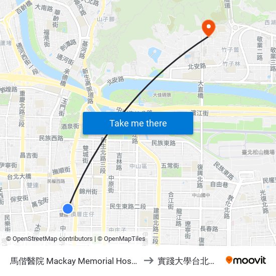 馬偕醫院 Mackay Memorial Hospital to 實踐大學台北校區 map