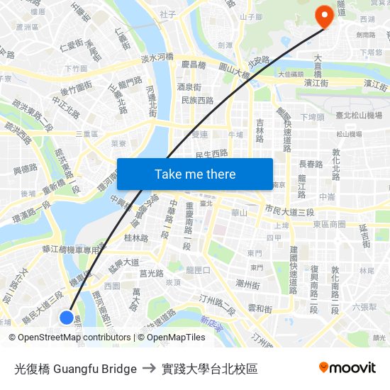 光復橋 Guangfu Bridge to 實踐大學台北校區 map