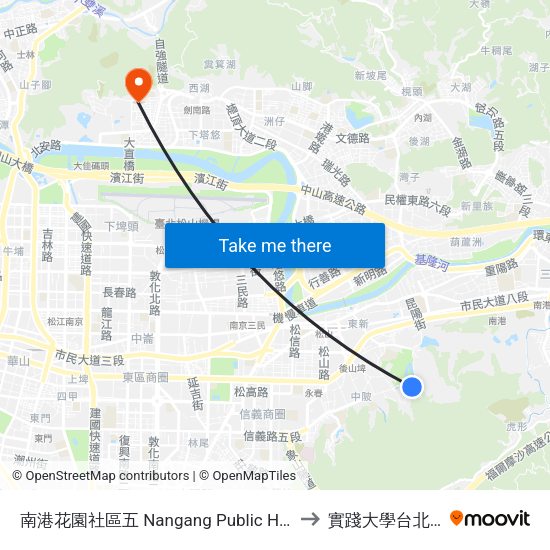 南港花園社區五 Nangang Public Housing V to 實踐大學台北校區 map