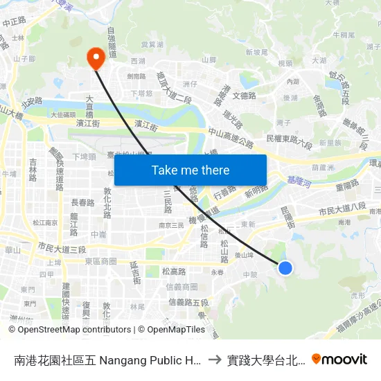 南港花園社區五 Nangang Garden Community 5 to 實踐大學台北校區 map