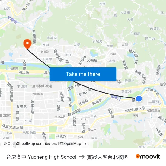 育成高中 Yucheng High School to 實踐大學台北校區 map