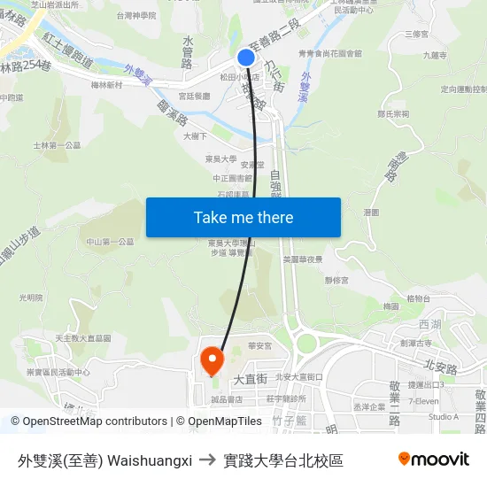外雙溪(至善) Waishuangxi to 實踐大學台北校區 map