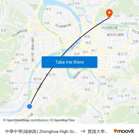 中華中學(城林路) Zhonghua High School(Chenglin Rd.) to 實踐大學台北校區 map