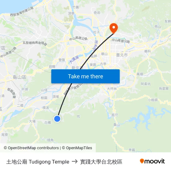 土地公廟 Tudigong Temple to 實踐大學台北校區 map
