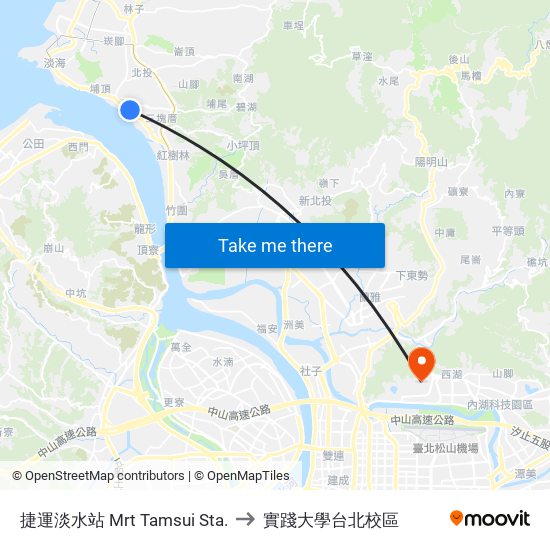 捷運淡水站 Mrt Tamsui Sta. to 實踐大學台北校區 map