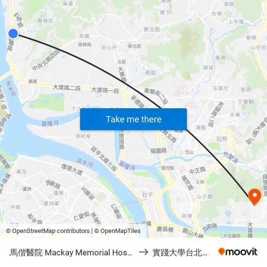 馬偕醫院 Mackay Memorial Hospital to 實踐大學台北校區 map