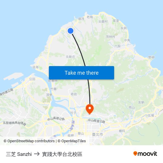 三芝 Sanzhi to 實踐大學台北校區 map