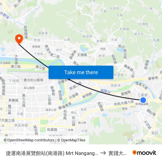捷運南港展覽館站(南港路) Mrt Nangang Exhibition Hall Station(Nanhang Rd.) to 實踐大學台北校區 map