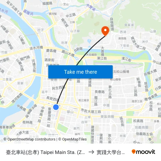 臺北車站(忠孝) Taipei Main Sta. (Zhongxiao) to 實踐大學台北校區 map