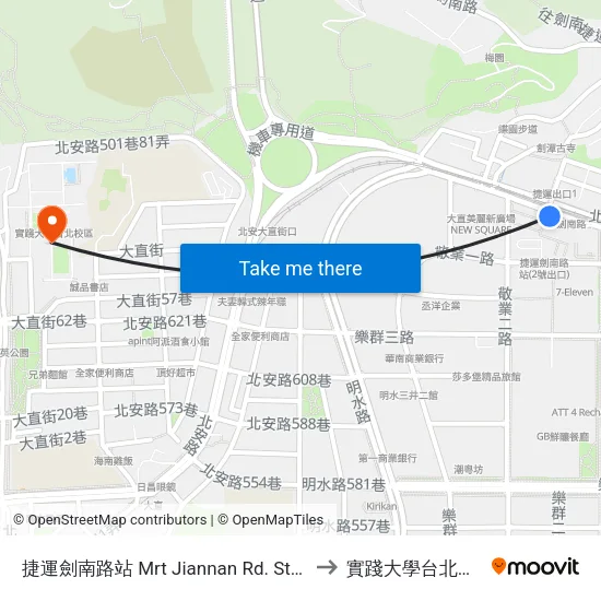 捷運劍南路站 Mrt Jiannan Rd. Station to 實踐大學台北校區 map