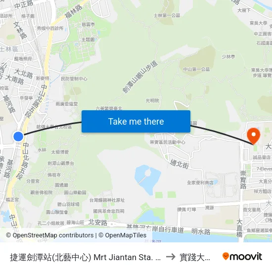 捷運劍潭站(北藝中心) Mrt Jiantan Sta. (Taipei Performing Arts Center) to 實踐大學台北校區 map