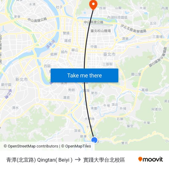 青潭(北宜路) Qingtan( Beiyi ) to 實踐大學台北校區 map