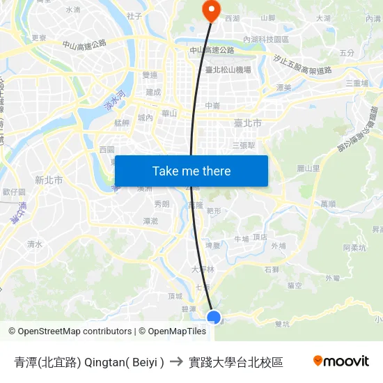 青潭(北宜路) Qingtan( Beiyi ) to 實踐大學台北校區 map