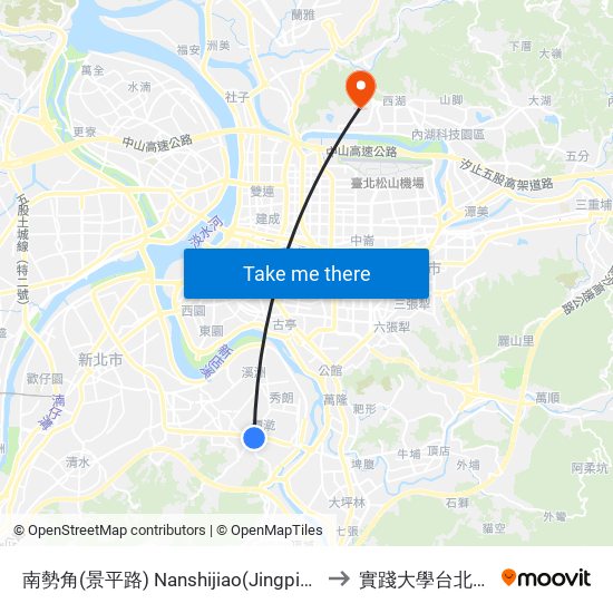 南勢角(景平路) Nanshijiao(Jingping Rd.) to 實踐大學台北校區 map