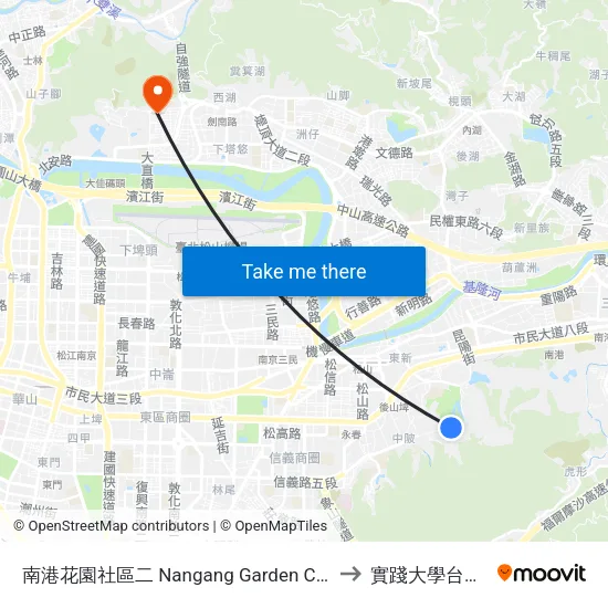 南港花園社區二 Nangang Garden Community 2 to 實踐大學台北校區 map