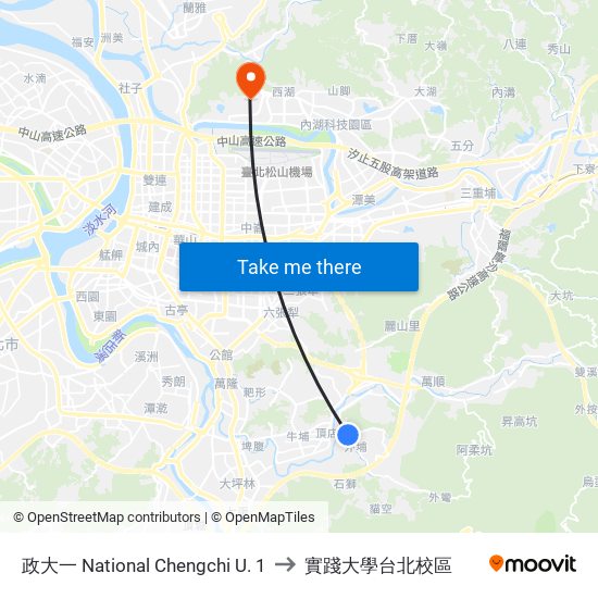 政大一 National Chengchi U. 1 to 實踐大學台北校區 map