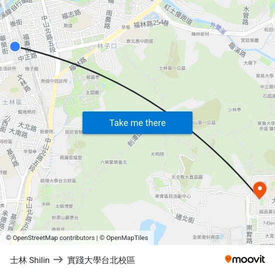 士林 Shilin to 實踐大學台北校區 map