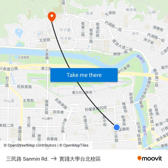 三民路 Sanmin Rd. to 實踐大學台北校區 map