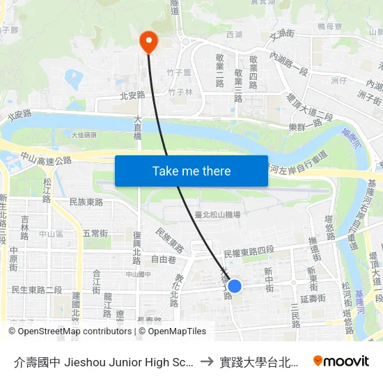 介壽國中 Jieshou Junior High School to 實踐大學台北校區 map