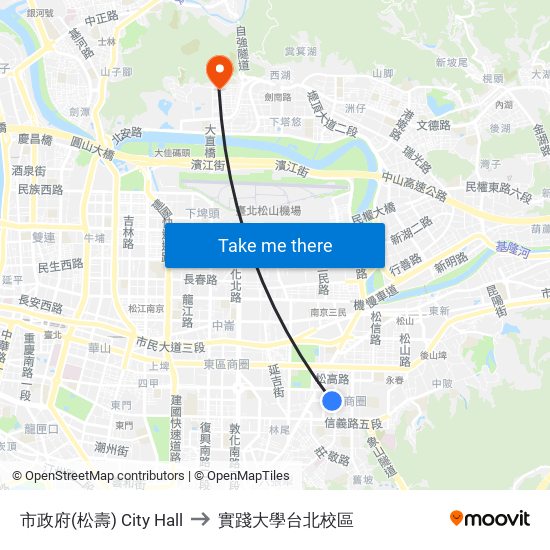 市政府(松壽) City Hall to 實踐大學台北校區 map