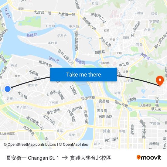 長安街一 Changan St. 1 to 實踐大學台北校區 map