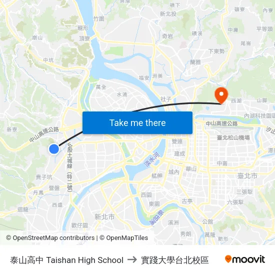 泰山高中 Taishan High School to 實踐大學台北校區 map