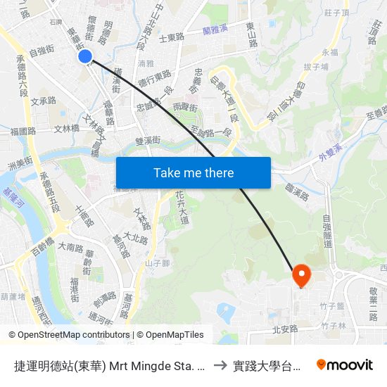 捷運明德站(東華) Mrt Mingde Sta. (Donghua) to 實踐大學台北校區 map