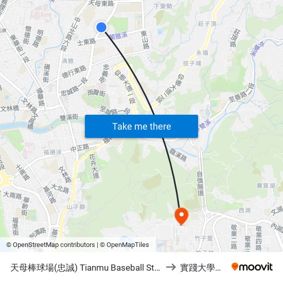 天母棒球場(忠誠) Tianmu Baseball Stadium (Zhongcheng) to 實踐大學台北校區 map