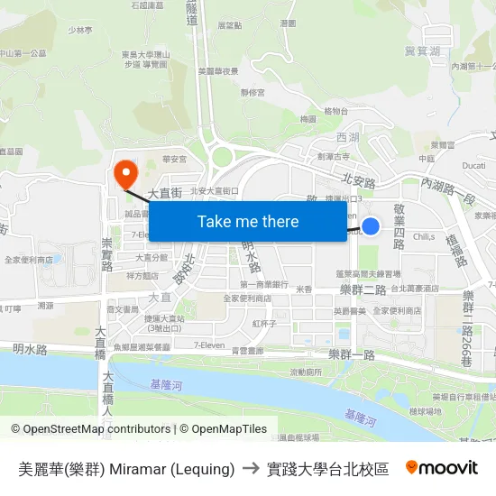 美麗華(樂群) Miramar (Lequing) to 實踐大學台北校區 map