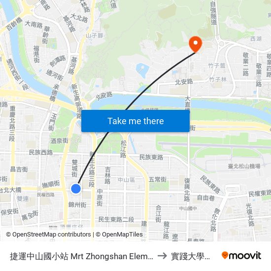 捷運中山國小站 Mrt Zhongshan Elementary School Sta. to 實踐大學台北校區 map