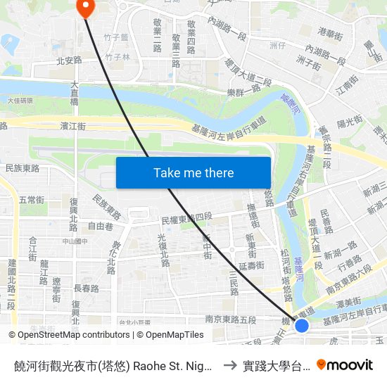 饒河街觀光夜市(塔悠) Raohe St. Night Market (Tayou) to 實踐大學台北校區 map