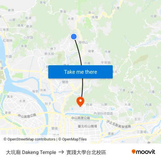 大坑廟 Dakeng Temple to 實踐大學台北校區 map