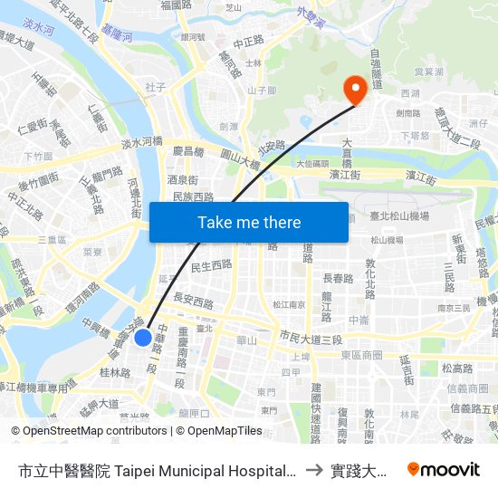 市立中醫醫院 Taipei Municipal Hospital Of Tradodional Chinese Medicine to 實踐大學台北校區 map