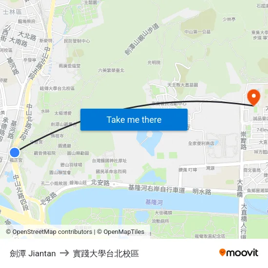 劍潭 Jiantan to 實踐大學台北校區 map