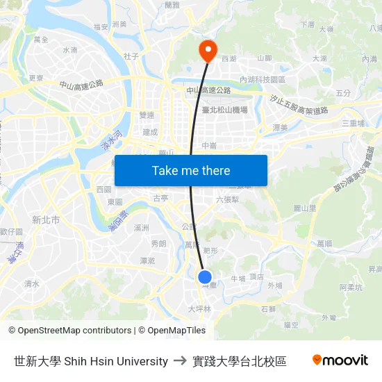 世新大學 Shih Hsin University(依網站) to 實踐大學台北校區 map
