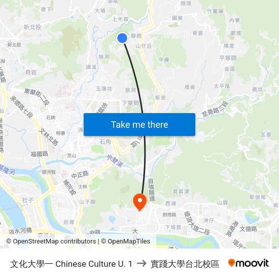 文化大學一 Chinese Culture U. 1 to 實踐大學台北校區 map