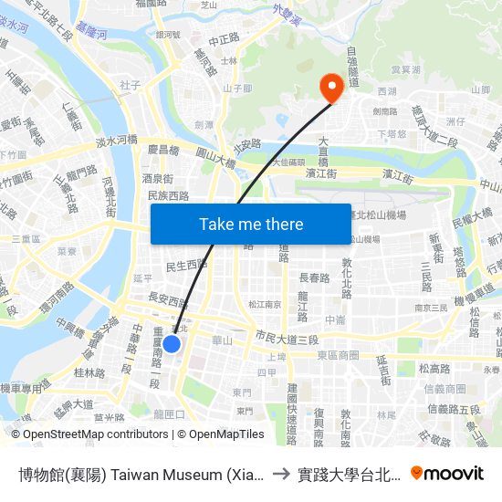 博物館(襄陽) Taiwan Museum (Xiangyang) to 實踐大學台北校區 map