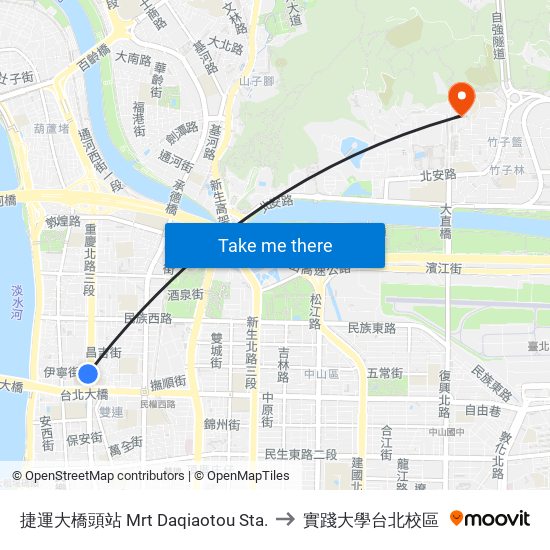 捷運大橋頭站 Mrt Daqiaotou Sta. to 實踐大學台北校區 map