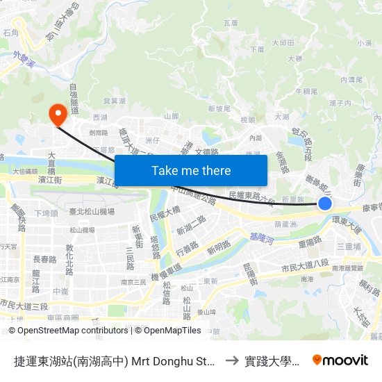 捷運東湖站(南湖高中) Mrt Donghu Sta. (Nanhu High School) to 實踐大學台北校區 map
