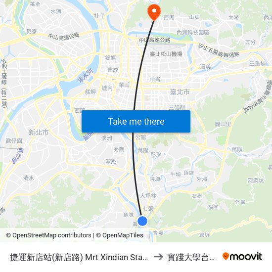 捷運新店站(新店路) Mrt Xindian Sta.(Xindian Rd.) to 實踐大學台北校區 map