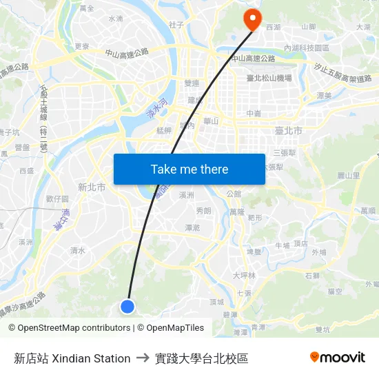 新店站 Xindian Station to 實踐大學台北校區 map
