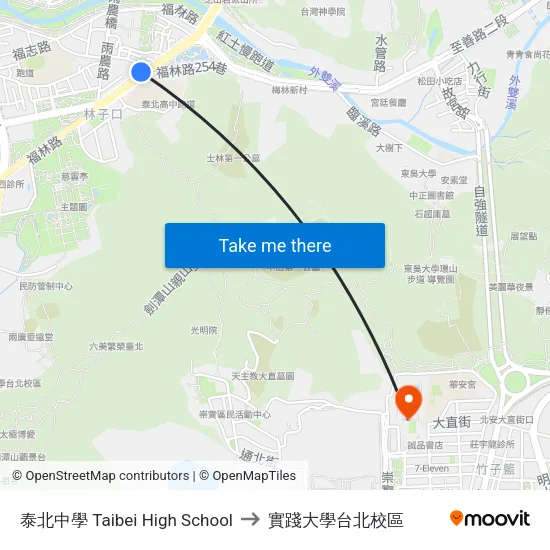 泰北中學 Taibei High School to 實踐大學台北校區 map