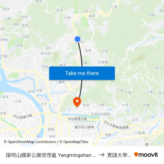 陽明山國家公園管理處 Yangmingshan National Park Headquarters to 實踐大學台北校區 map